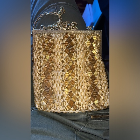 Fine Arts Bag Women’s Gold Beaded Made in Hong Kong Evening Bag Purse Vintage - Picture 13 of 16